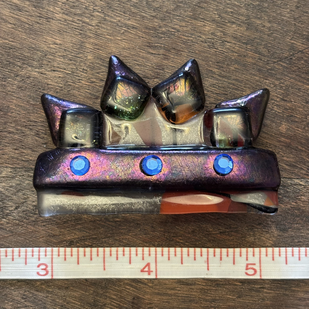 Fused Art Glass Abstract Crown Blue Faux Crystal Brooch Mixed Metal